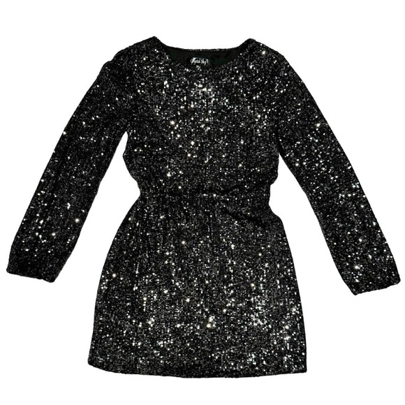 Women's Black Sequined Long Sleeve Blouson Mini Dress, Juniors size XS - Picture 4 of 16